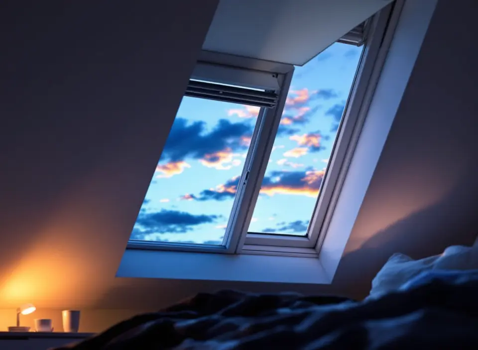 Een zolderkamer in de blauwe avond met een dakraam in de kiepstand, een donkerblauwe lucht en een brandend leeslampje