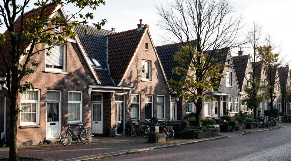 Een straat met bakstenen rijtjeshuizen uit de jaren dertig met steile donkere pannendaken, dakramen en kleine dakkapellen aan de voorkant