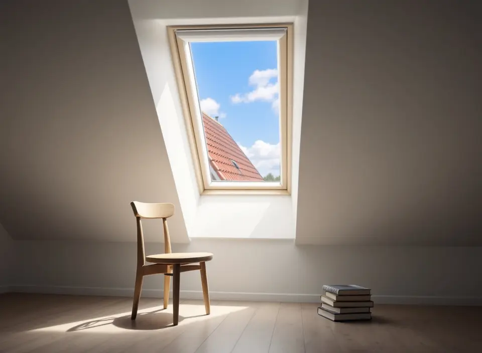 Een dakraam in een wit gestuct schuin plafond met blauwe lucht, en een vlak zonlicht op lichte houten vloerdelen
