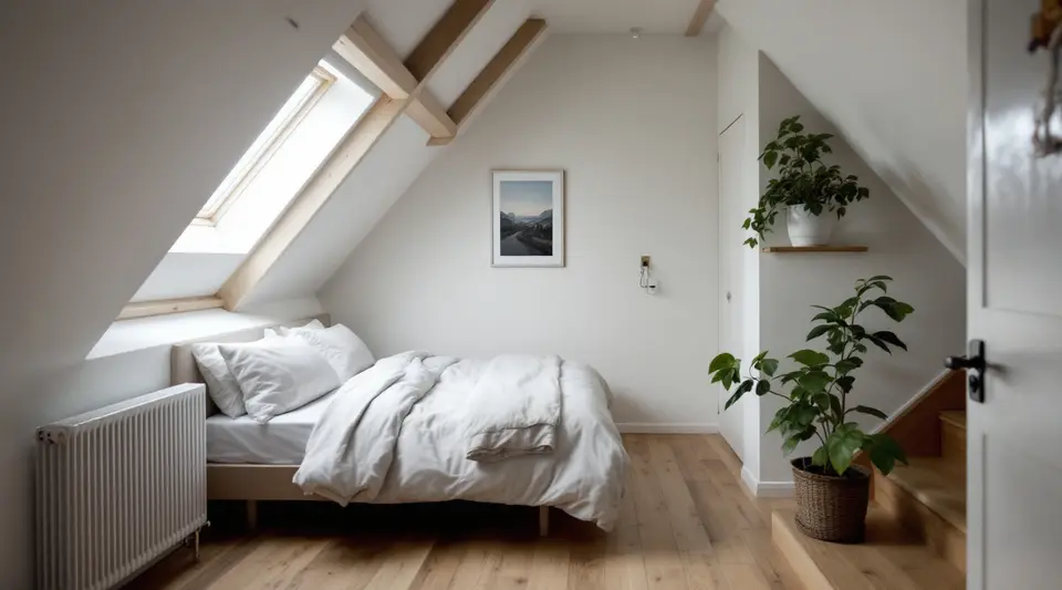 Een afgewerkte zolderslaapkamer met een wit schuin plafond, lichte houten gordingen, een groot dakraam en een laag bed onder de schuinte
