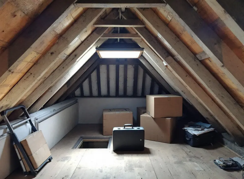 Een onafgewerkte zolder met kale dakbeschotten en donkere spanten, verhuisdozen op ruwe planken en een vlizotrapluik in de vloer