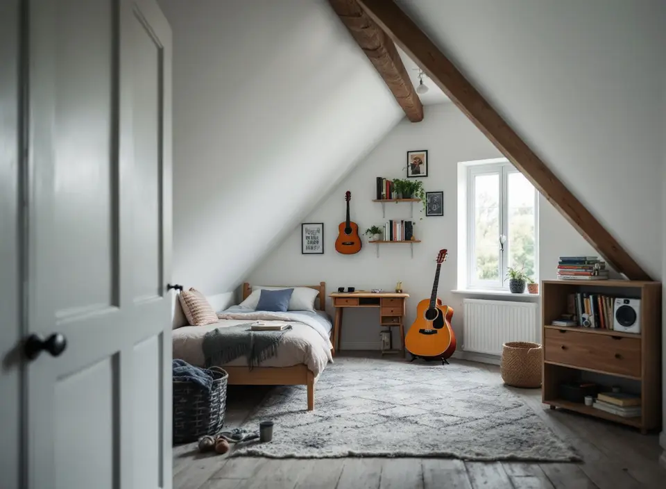 Een tienerkamer op zolder met een bed onder de schuinte, een bureau op het hoge deel bij een dakkapel en een gitaar tegen de muur