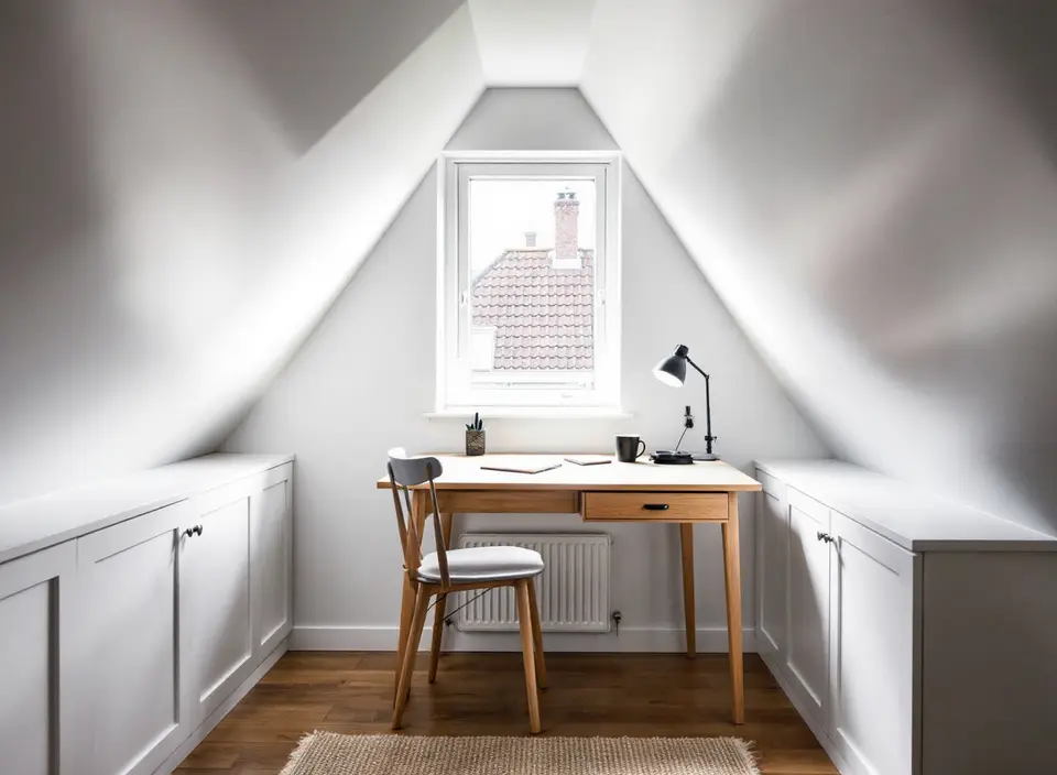 Een werkkamer op zolder met een houten bureau onder een dakraam, een bureaulamp en een mok, en witte kasten in het knieschot
